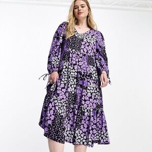Yours Tiered smock midi dress in purple floral